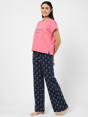 SWEET DREAMS Women Printed Dark Blue Top & Pyjama Set
