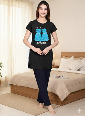 NATRIS Women Printed Black Top & Pyjama Set