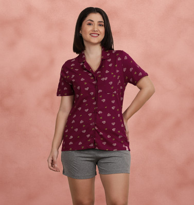 shyaway Women Printed Grey, Red Top & Shorts Set