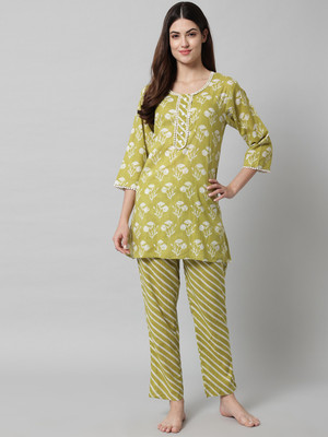 Sephani Women Printed, Striped Green Top & Pyjama Set