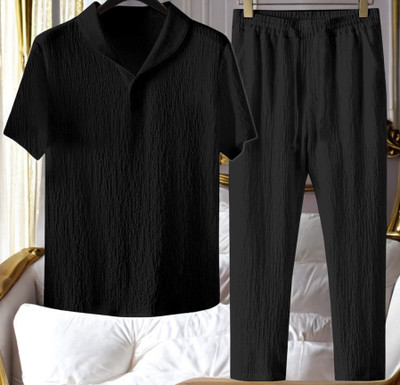 gurukrupa creation Men Self Design Black Night Suit Set