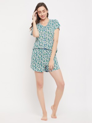 Clovia Women Floral Print Blue Top & Shorts Set