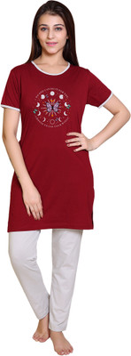 AZF Women Printed Maroon Night Suit Set