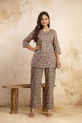 FASHION CLOUD Women Floral Print Green Top & Pyjama Set