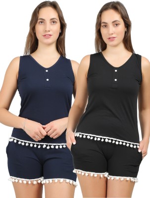 megaska Women Solid Black, Blue Top & Shorts Set