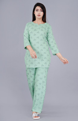 stylophelia Women Printed Green Top & Pyjama Set