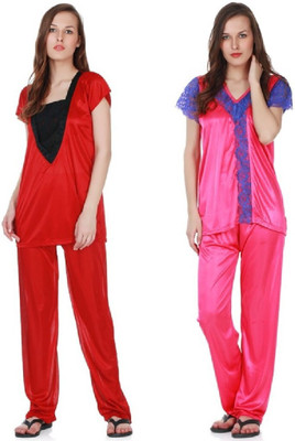 Boosah Women Solid Red, Pink Top & Pyjama Set