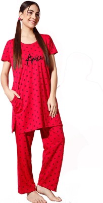 Trendy World Women Printed Pink Shirt & Pyjama set