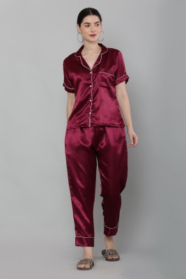 MODERNSSHOP Women Solid Maroon Night Suit Set