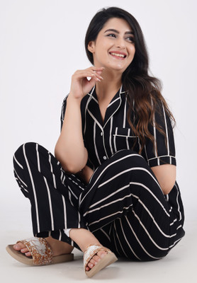PRADHRUHE Women Striped Black Shirt & Pyjama set