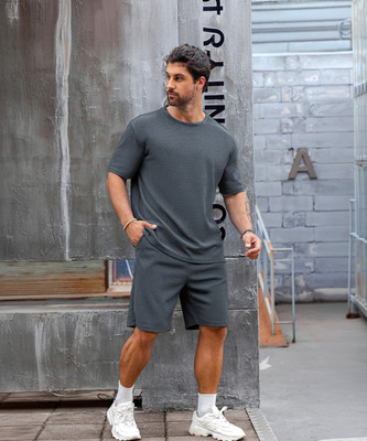 Vogaan Men Solid Grey Top & Shorts Set