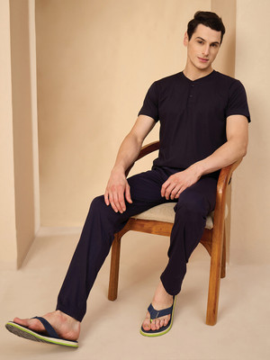 SWEET DREAMS Men Solid Dark Blue Top & Pyjama Set