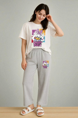 Elvia Women Printed Grey Top & Pyjama Set