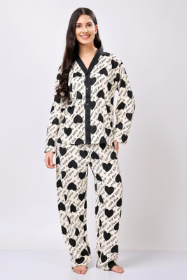 Lugo Women Printed Beige, Black Night Suit Set