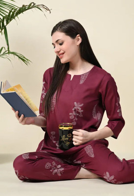 HouseOfCommon Women Printed Maroon Night Suit Set