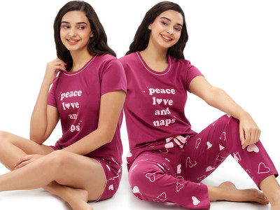 ZEYO Women Printed Pink Night Suit Set