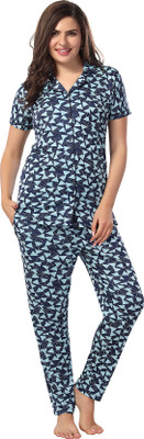 Nightify Women Printed Blue Shirt & Pyjama set