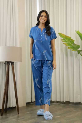CLOTHYFUSION Women Printed Blue Night Suit Set