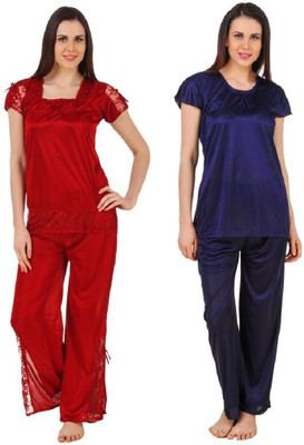 Boosah Women Solid Blue, Maroon Top & Pyjama Set