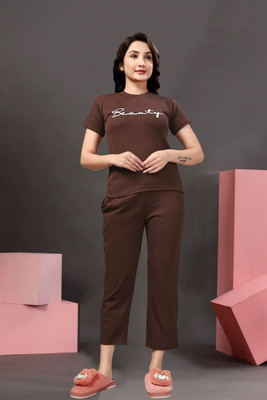 PTELRA Women Printed Brown Night Suit Set