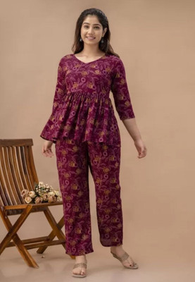 ALSHIFA CREATION Women Printed Purple Night Suit Set