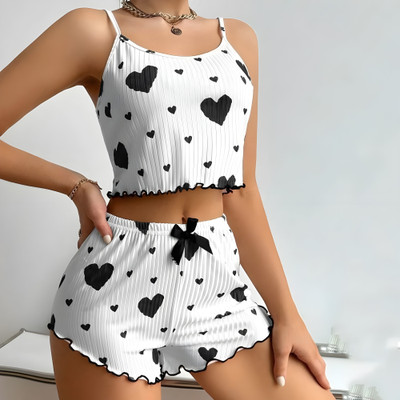 RAMYAPOOJA Women Printed Black, White Top & Shorts Set