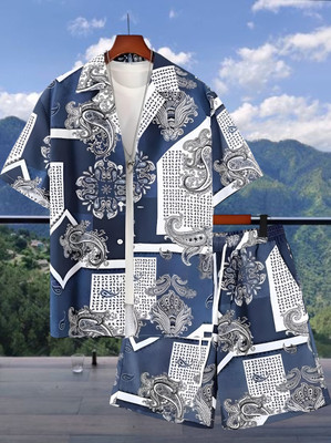 SHIVFORYOU Men Printed Dark Blue Top & Shorts Set