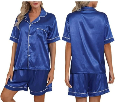 Vd hub Women Solid Dark Blue Night Suit Set