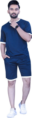 NISPRUH Men Solid Blue Night Suit Set