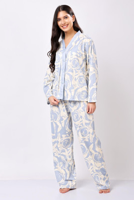 Lugo Women Printed Beige, Blue Night Suit Set