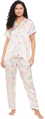 Clovia Women Graphic Print Beige Shirt & Pyjama set