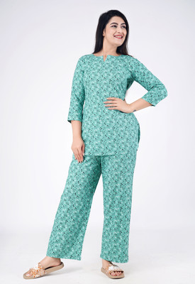 PRADHRUHE Women Printed Green, Black Top & Pyjama Set