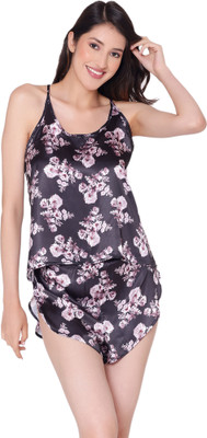 BROIDEN Women Printed Black Night Suit Set