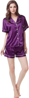 Vd hub Women Solid Purple Night Suit Set