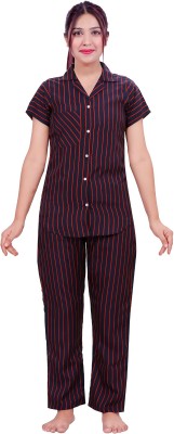 Aarav Boss Women Striped Maroon Night Suit Set