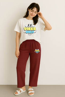 My Swag Women Printed Maroon, Beige Top & Pyjama Set