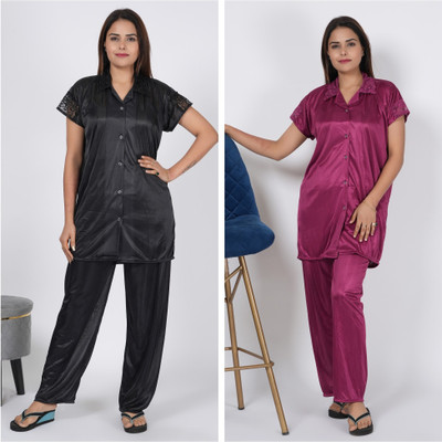 INSTRY Women Applique Black, Purple Night Suit Set