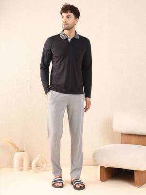 SWEET DREAMS Men Solid Black Top & Pyjama Set