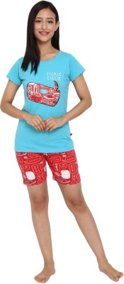 V-MART Women Printed Blue, Red Night Suit Set