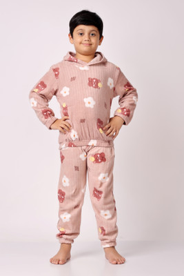 FitIn OutFit Boys & Girls Self Design, Printed Pink Night Suit Set