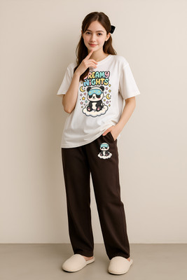 My Swag Women Printed Brown, White Night Suit Set