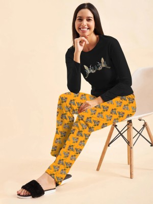 Essanza Women Printed Black Top & Pyjama Set