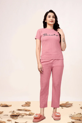 PTELRA Women Printed Pink Night Suit Set