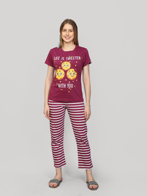 Evolove Women Printed Red Top & Pyjama Set