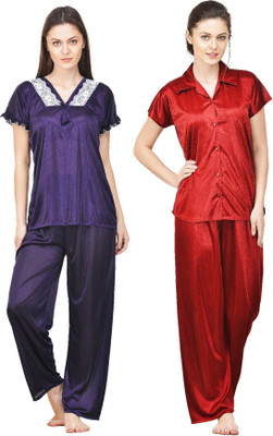 Boosah Women Solid Purple, Maroon Top & Pyjama Set