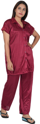 INSTRY Women Solid Maroon Night Suit Set