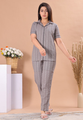 LOOPUP Women Striped Grey Night Suit Set
