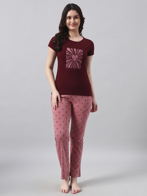 Sweettouch Women Printed Maroon, Pink Top & Pyjama Set