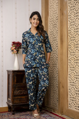 CLOTHYCORP Women Floral Print Dark Green Shirt & Pyjama set