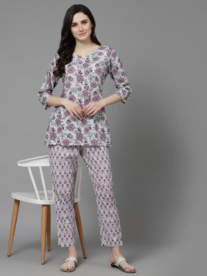 his&her Women Printed Purple Top & Pyjama Set